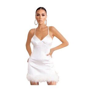 NEW Club L London Satin &‎ Faux Feather Mini Dress V-Neckline Size 8 NWT